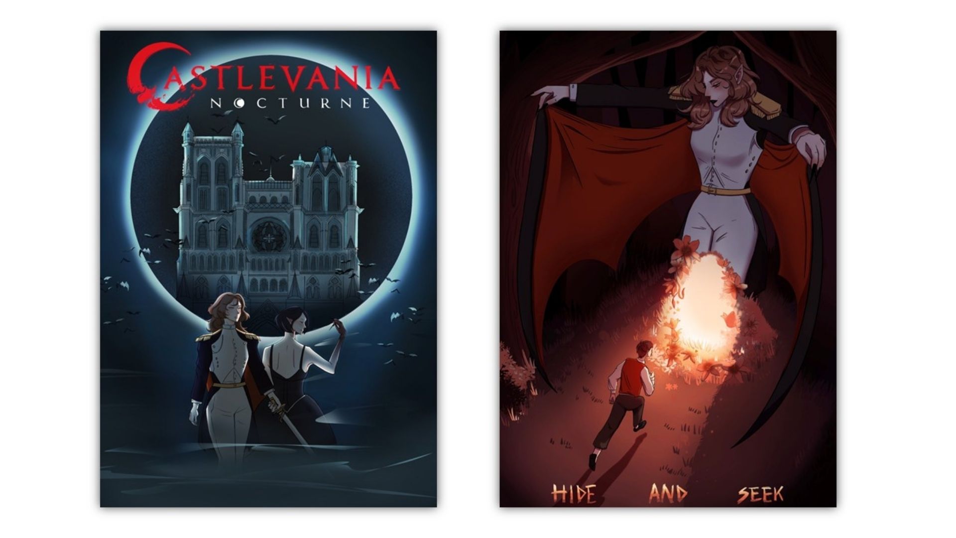 Two artworks. One depicting two people in front of a castle with bats and the words Castlevania Nocturne. The other shows a woman with a batwing cape and a man running into sunlight