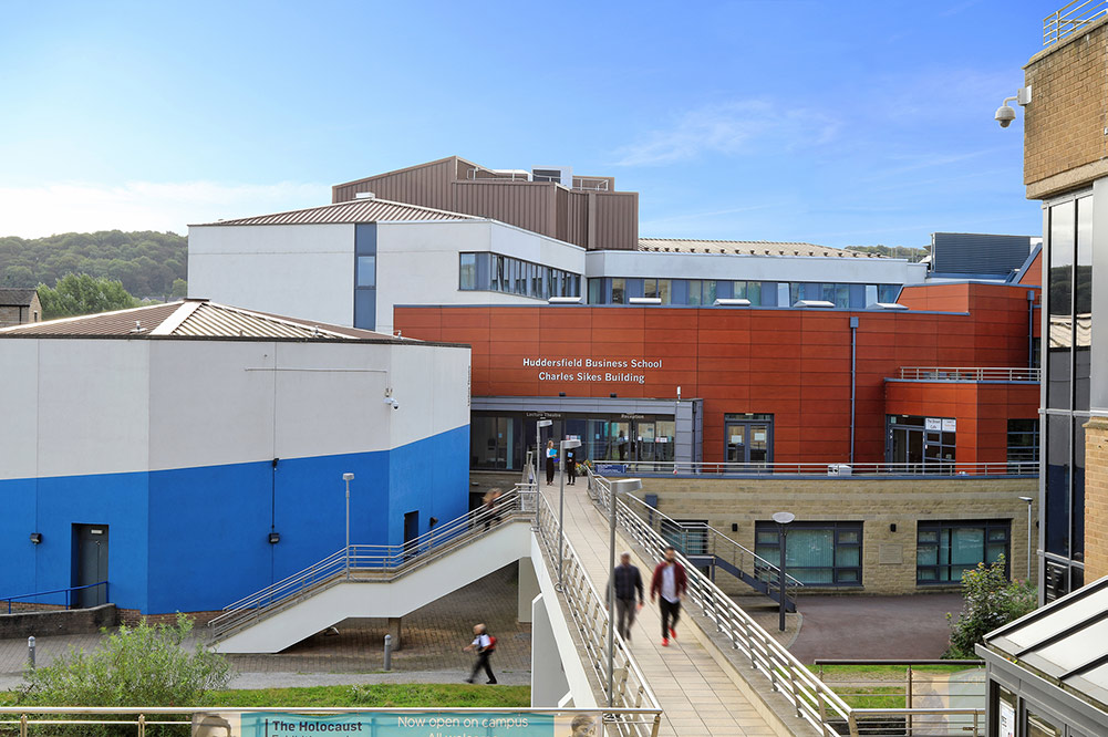 A photo of the bridge leading up to the Charles Sikes Building, home of Huddersfield Business School