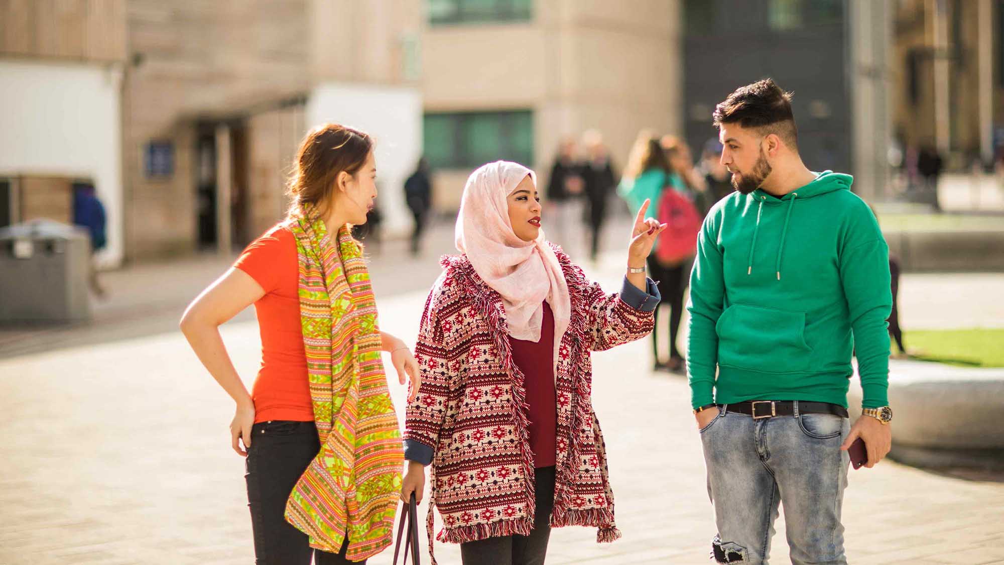 International students walking through campus