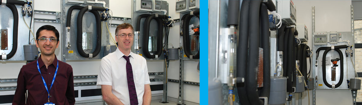 Huddersfield Researchers Dr Taher Rabizadeh and Dr Jeremy Hopwood with testing equipment supplied by Yorkshire Water