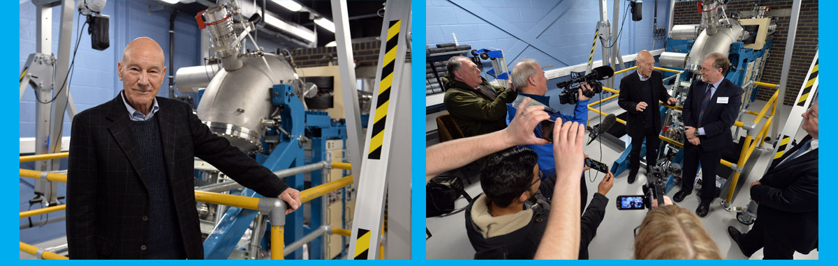 The University’s Emeritus Chancellor Sir Patrick Stewart tours the £3.5 million MIAMI-2 (Microscope and Ion Accelerator for Materials Investigation) facility